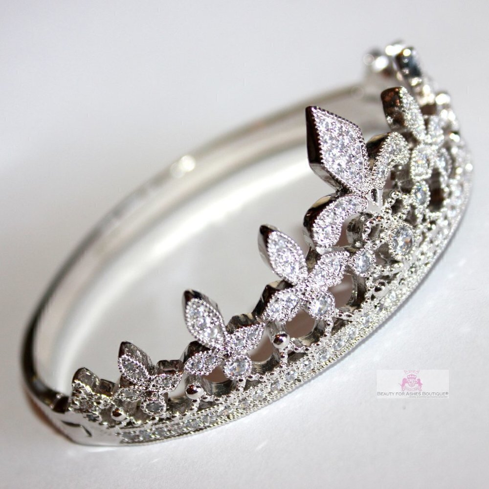 Clear Pave Cubic Zirconia Fleur-de-Lis Princess Crown Hinged Cuff Bracelet 7.5"
